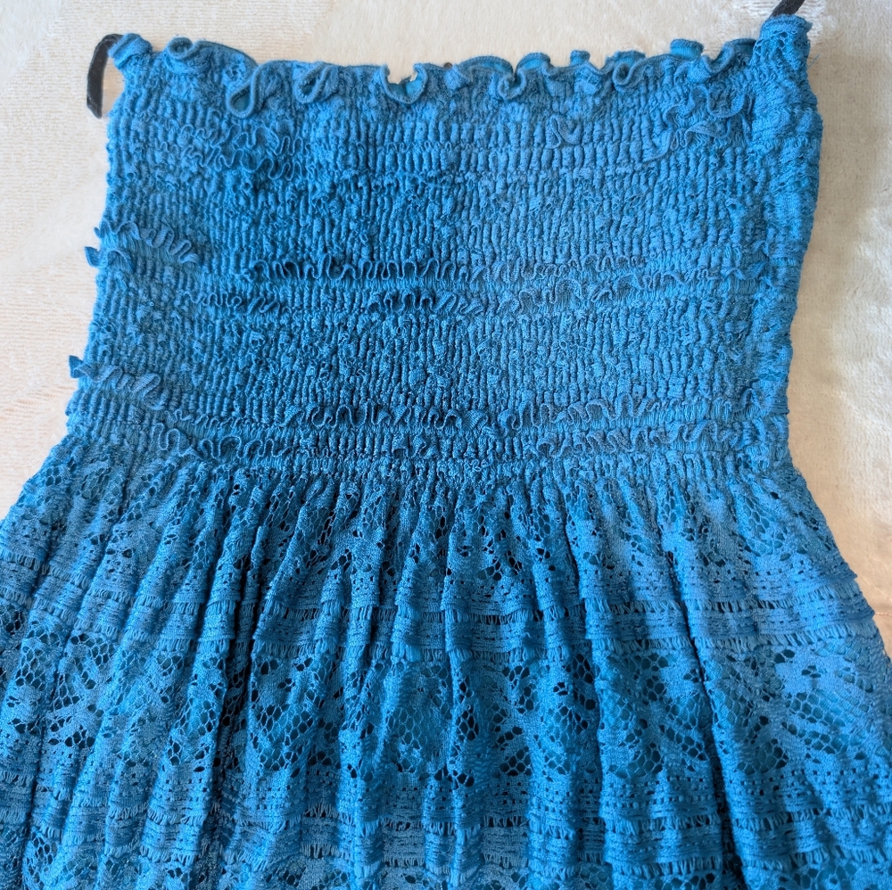 Teal Smocked Strapless Lace Boho Maxi Tube Dress Tiered Boho Hippie Blue Small - Picture 7 of 12